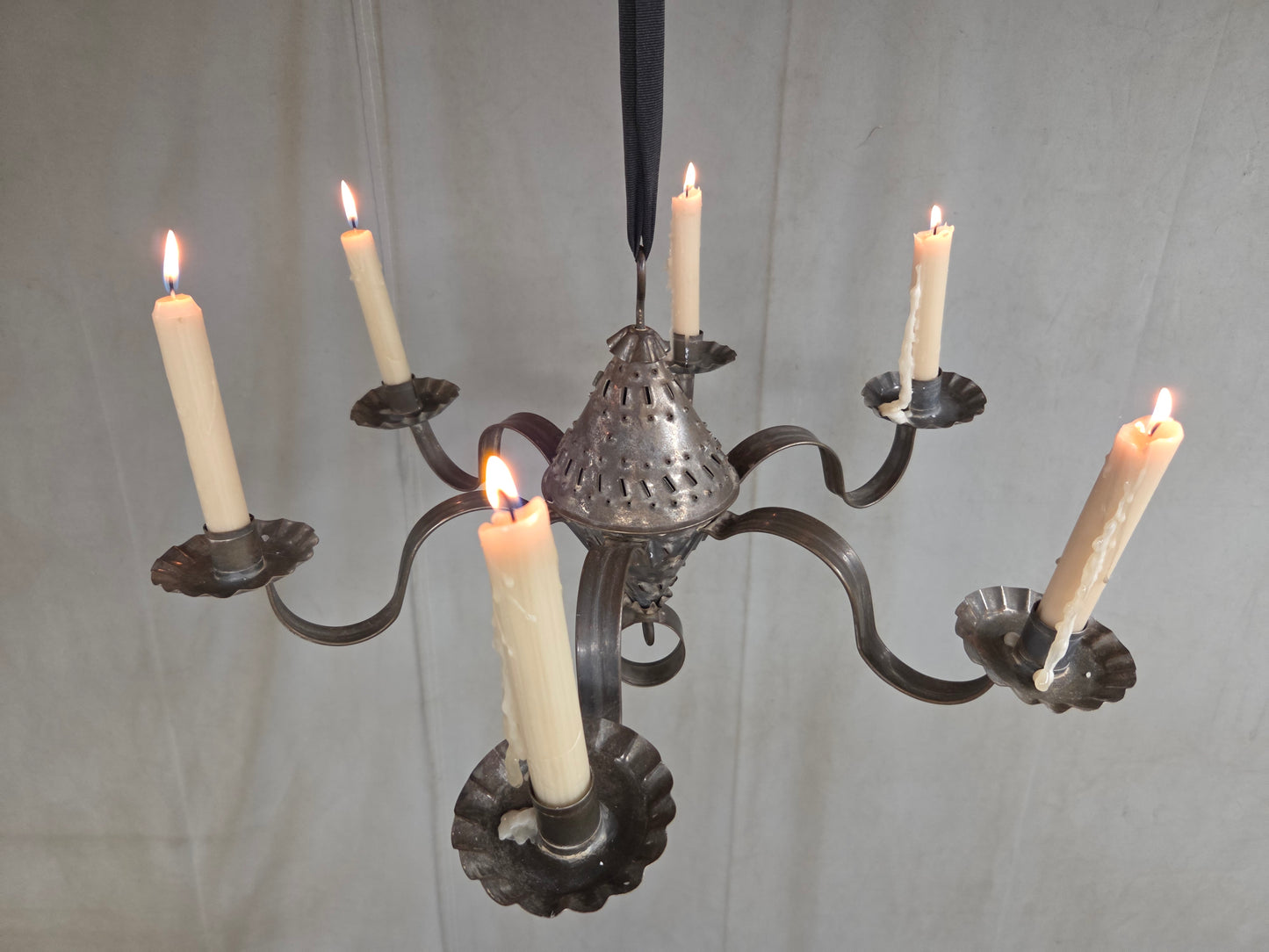 Antique Punched Tin Six-Arm Candle Chandelier, New Mexico, Spanish Colonial style