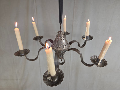Antique Punched Tin Six-Arm Candle Chandelier, New Mexico, Spanish Colonial style