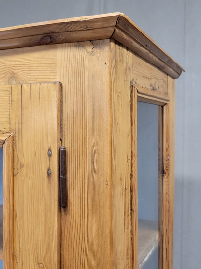 Antique German Pine Display Cabinet With Painted Blue Interior
