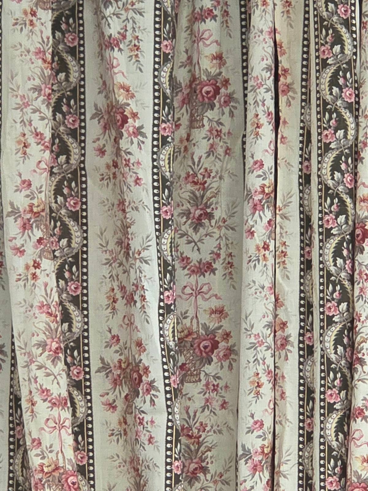 Antique 1920s French Cotton Curtain Panel, Pink and Brown Stripe With Florals