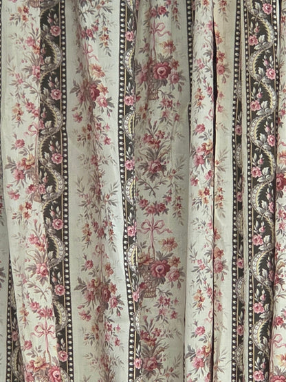 Antique 1920s French Cotton Curtain Panel, Pink and Brown Stripe With Florals