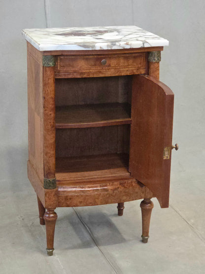 Antique French Art Nouveau Burl Marble Marquetry Nightstand With Bronze Ormolu