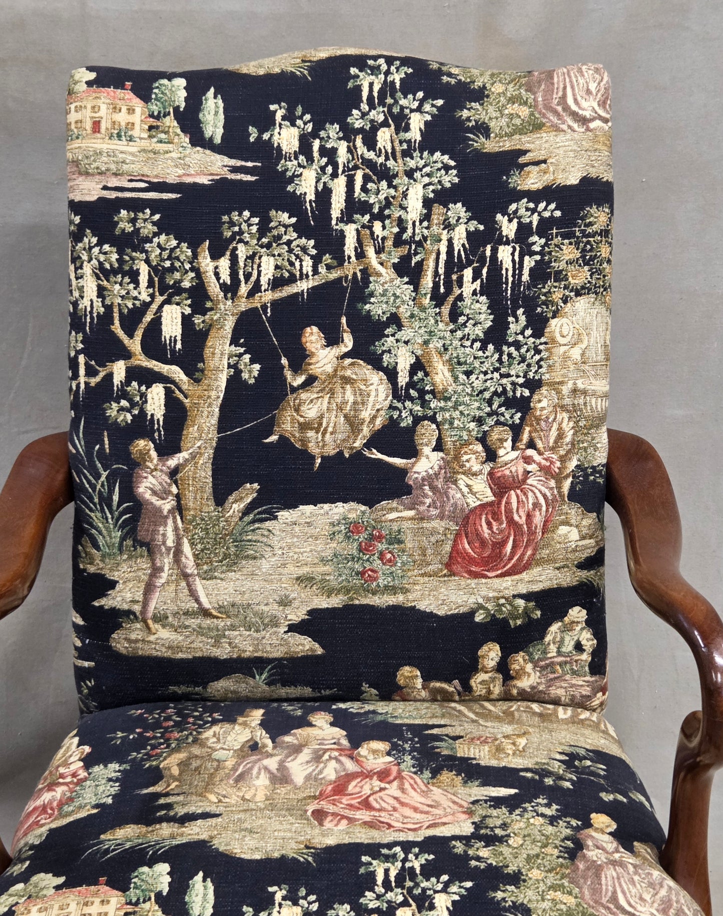 Pair of Vintage Queen Anne Chairs and Ottoman with Black Toile Upholstery