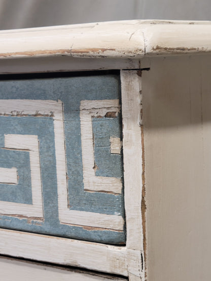 Antique English Pine Painted Dresser Chest of Drawers with Greek Key Motif