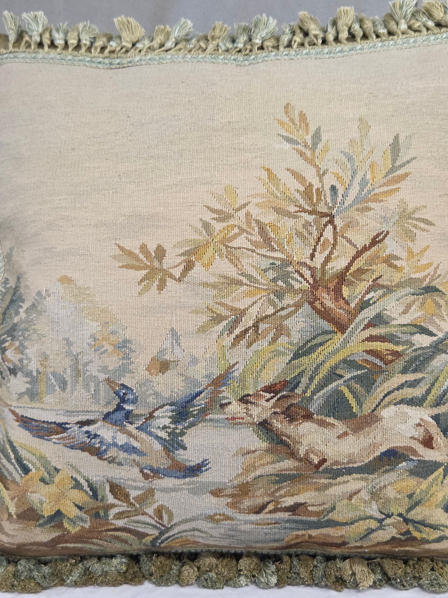 Pair of Antique French Hunt Scene Tapestry Panels Remade Into Down Pillows