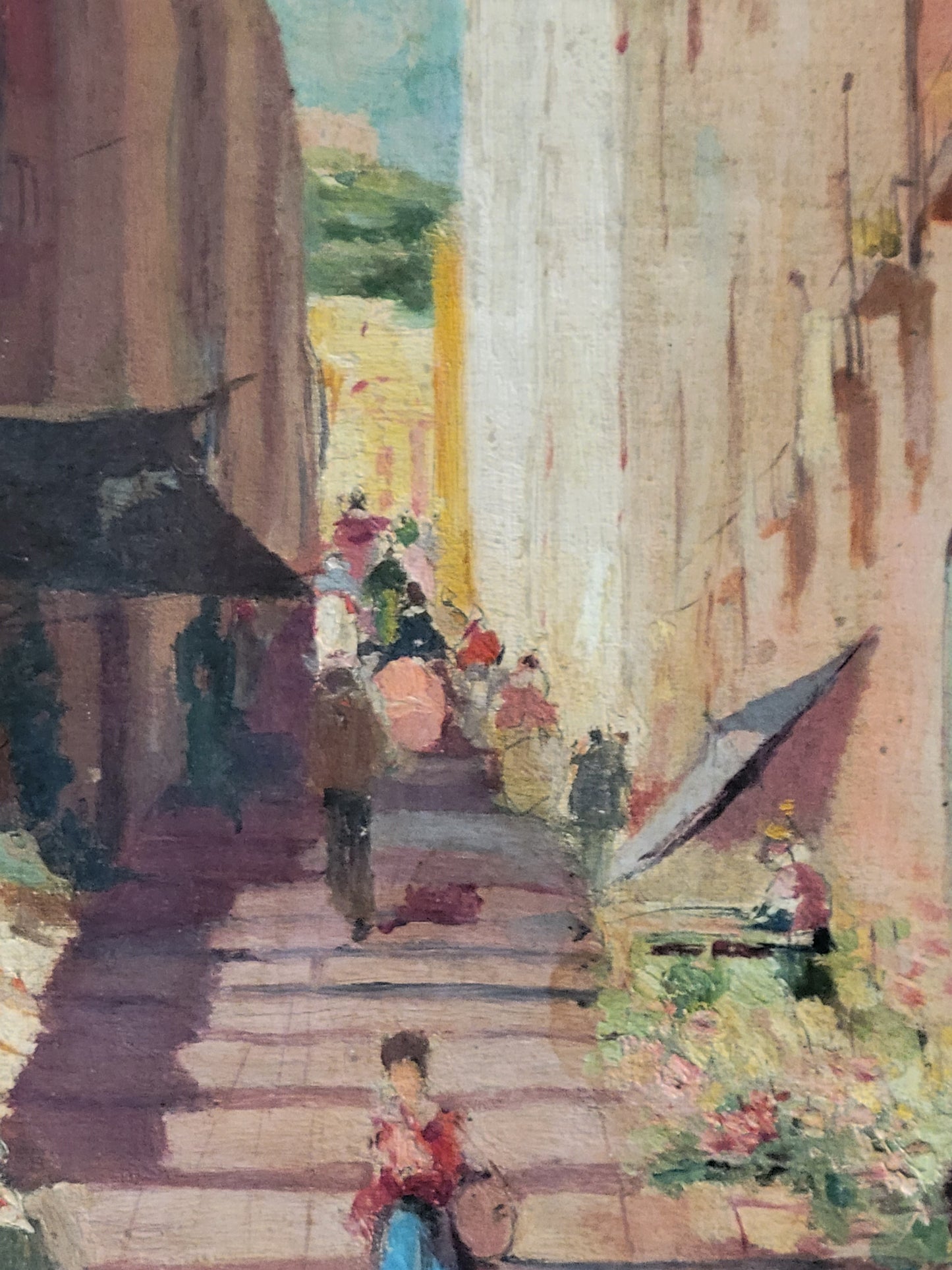 Vintage Italian Street Market Scene - Oil on Canvas Framed Painting