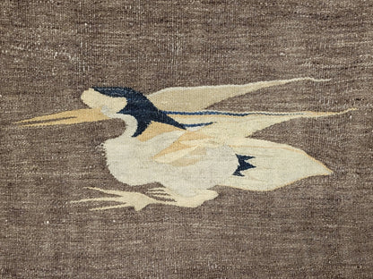 Antique Mongolian Handwoven Wool Blanket with Cranes