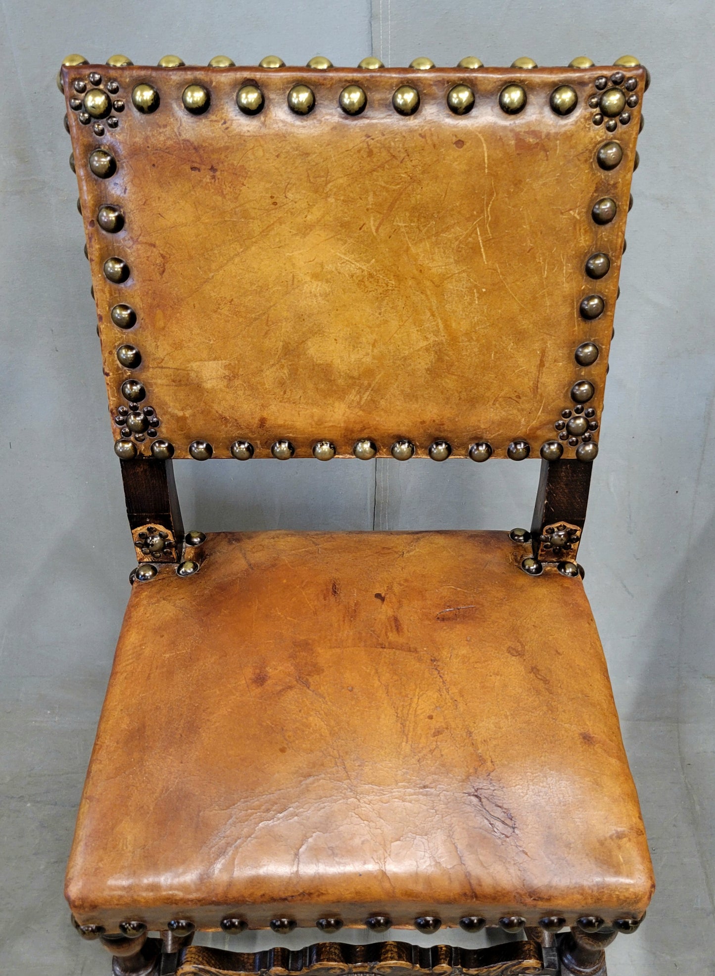 Antique Spanish or Renaissance Revival Oak and Leather Side Chairs - Set of 3