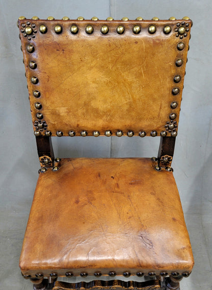 Antique Spanish or Renaissance Revival Oak and Leather Side Chairs - Set of 3