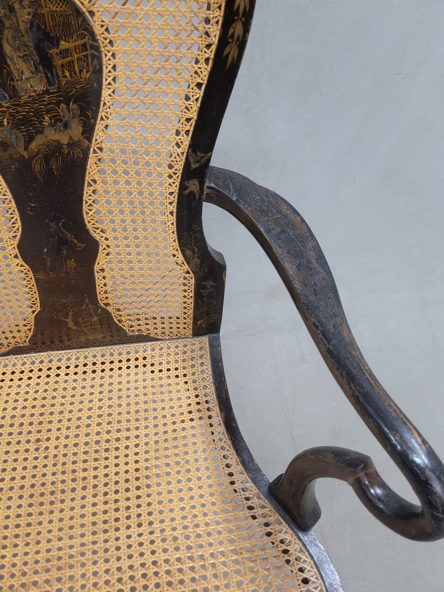 Antique 19th Century English Chinoiserie Lacquer and Cane Chair Back Settee