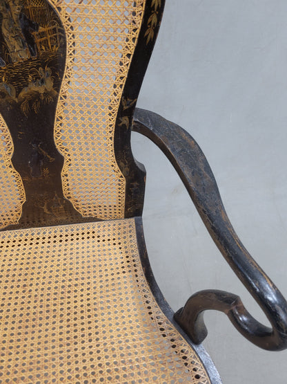 Antique 19th Century English Chinoiserie Lacquer and Cane Chair Back Settee