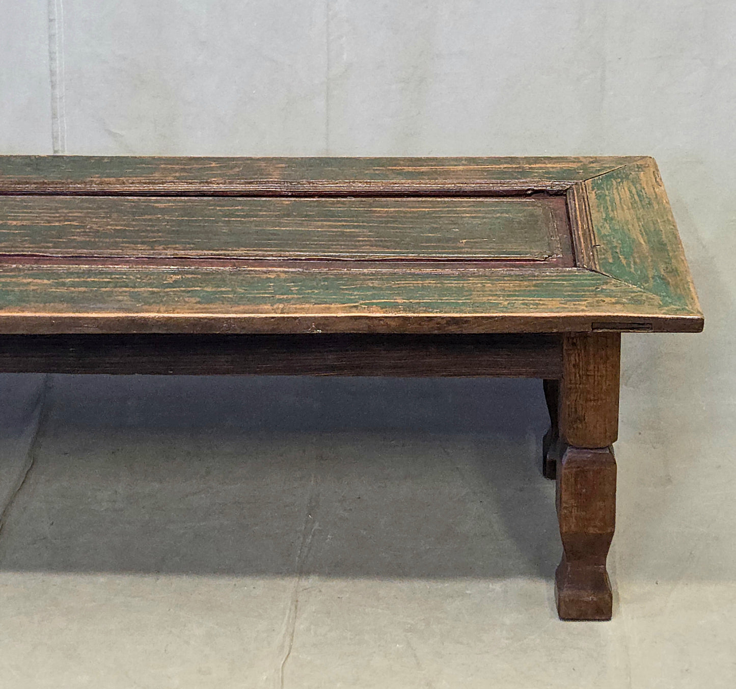Vintage Teak Coffee Table Made From an Old Reclaimed Door With Green Paint