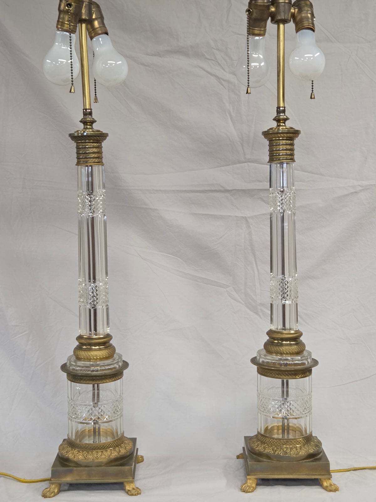 Vintage Crystal and Brass Column Table Lamps - Style of William Kessler Baccarat