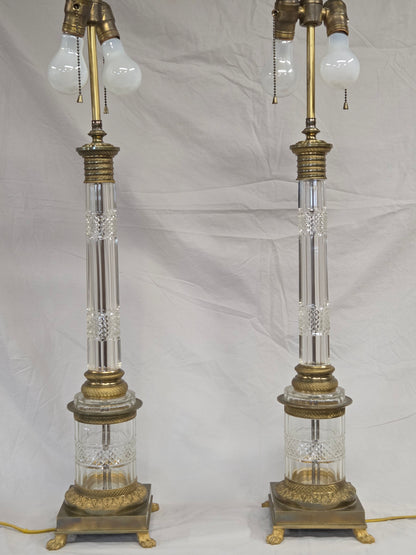 Vintage Crystal and Brass Column Table Lamps - Style of William Kessler Baccarat