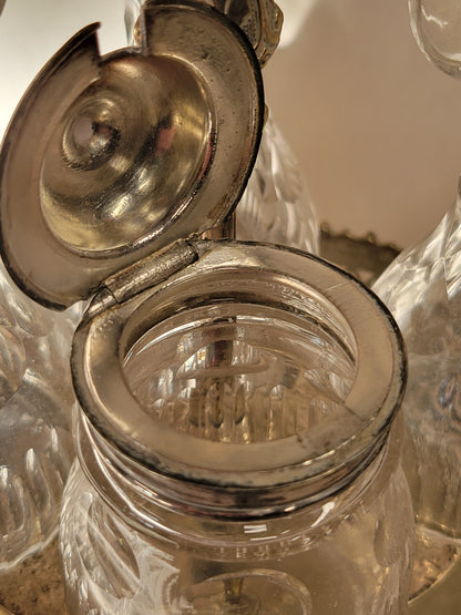 Antique Silverplate and Crystal Four Bottle Cruet Set