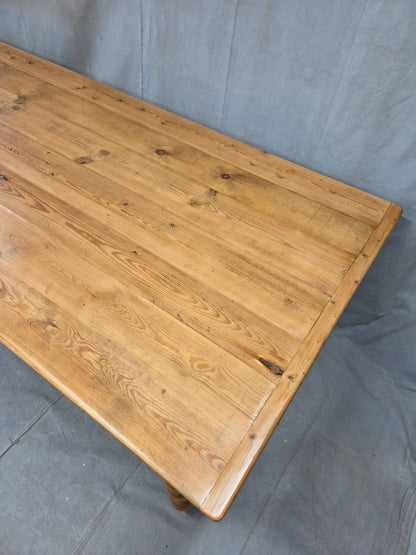 Vintage English Pine Rustic Turned Leg 8' Long Dining Farmhouse Table