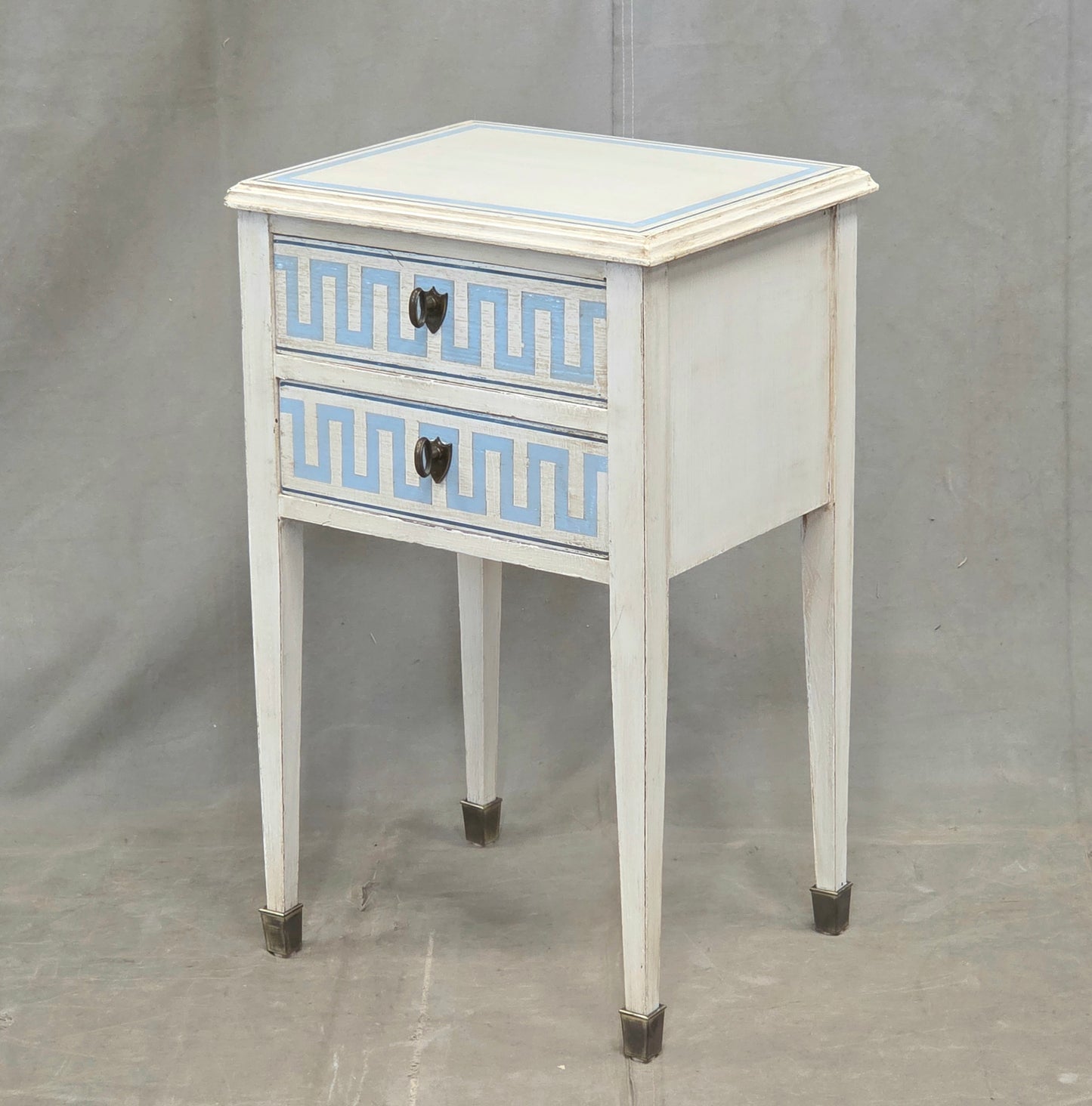 Vintage Mahogany Nightstands With Handpainted Greek Key Motif - A Pair
