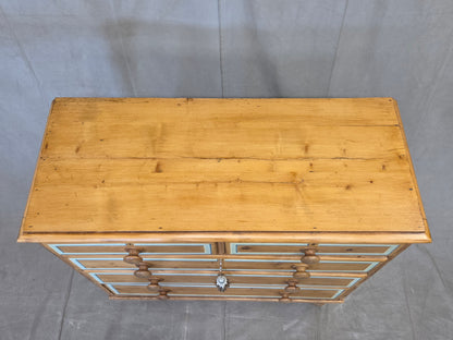 Antique English Edwardian Natural Pine Chest of Drawers with Blue French Line