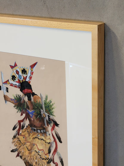 Native American Original John M. Flores Pastel Drawings in Maple Frames - Set of 3