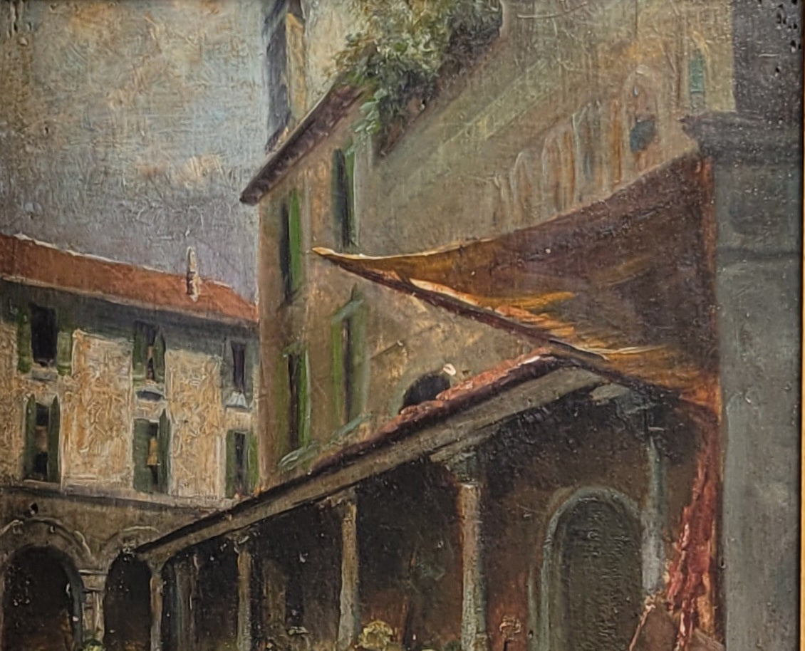 Antique Early 1900s Oil on Panel of a Venetian Market Scene by M.S. Loresen (?)