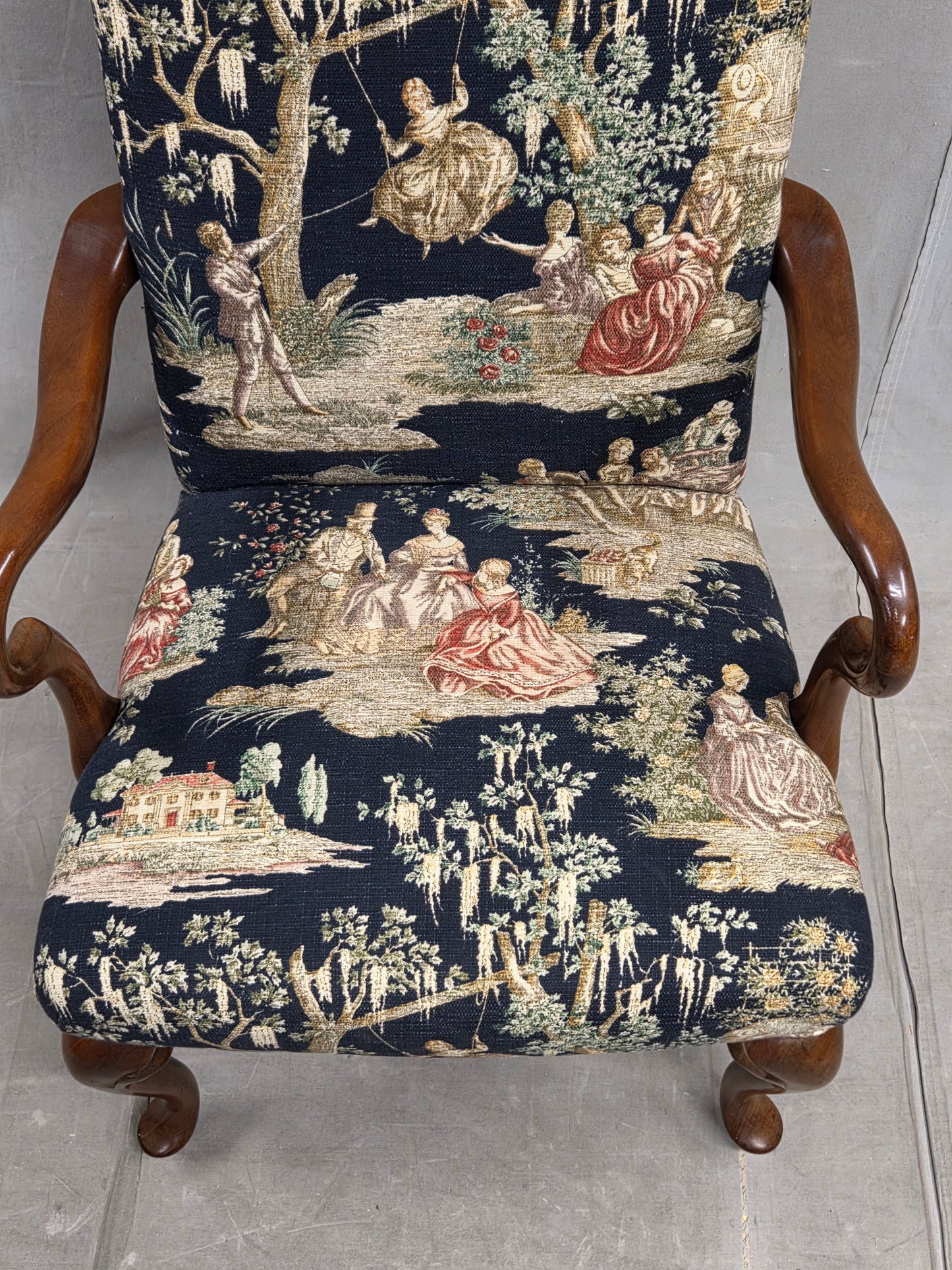 Pair of Vintage Queen Anne Chairs and Ottoman with Black Toile Upholstery
