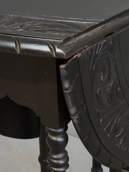 Antique Early 1900s English Ebonized Oak Handcarved Gate Leg Side Table