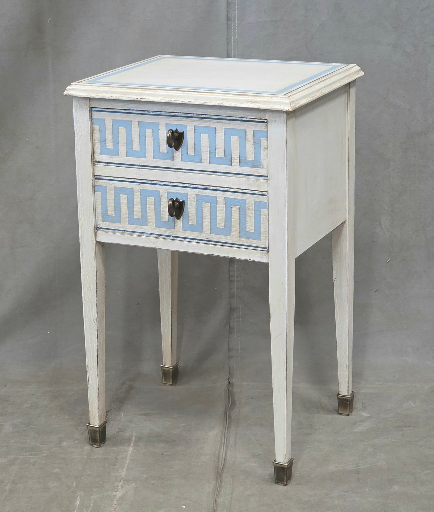 Vintage Mahogany Nightstands With Handpainted Greek Key Motif - A Pair