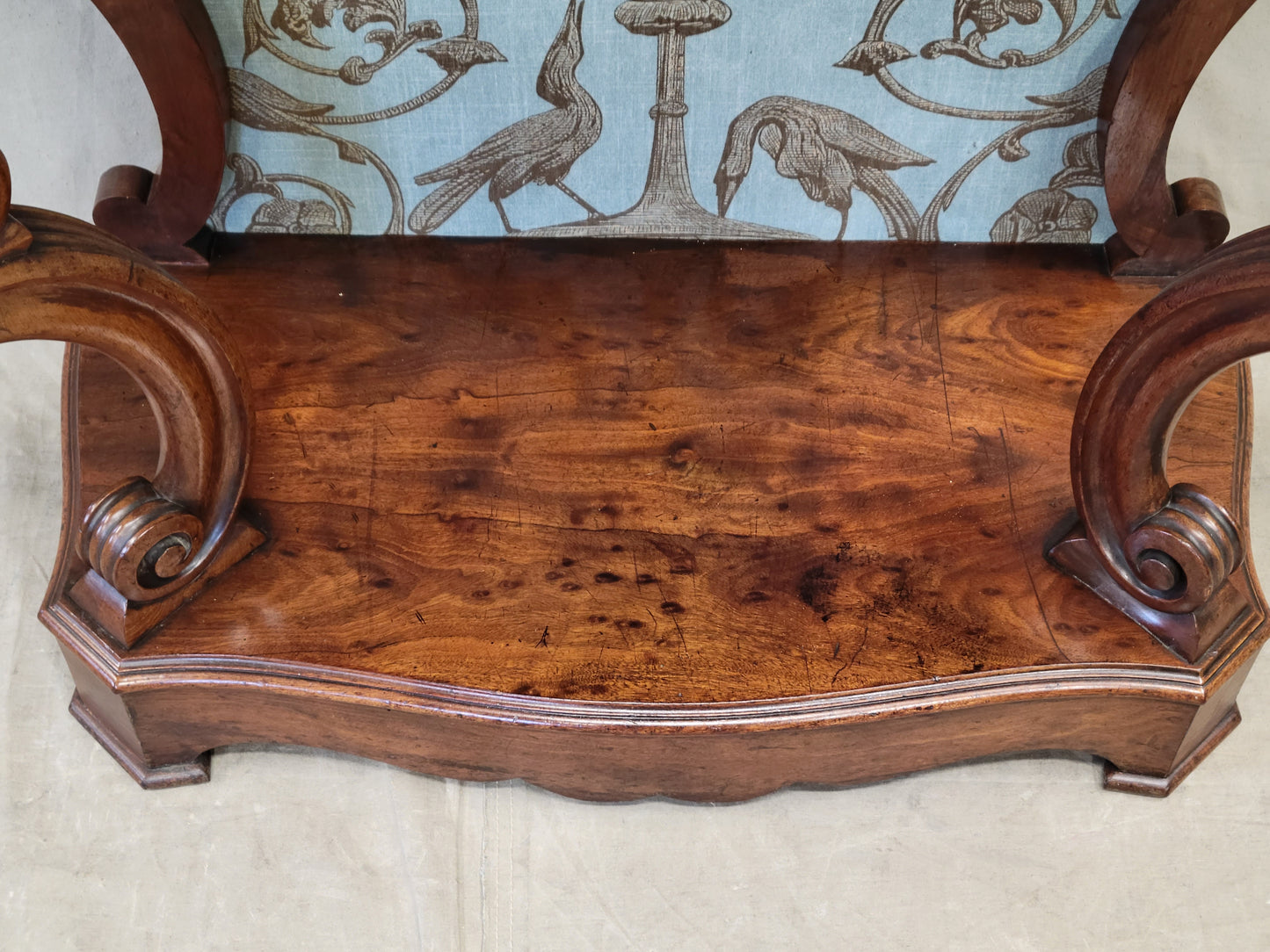 Antique Louis Phillipe Console Table or Server With Thibaut Renaissance Fabric Panel