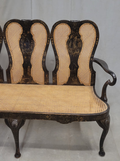 Antique 19th Century English Chinoiserie Lacquer and Cane Chair Back Settee