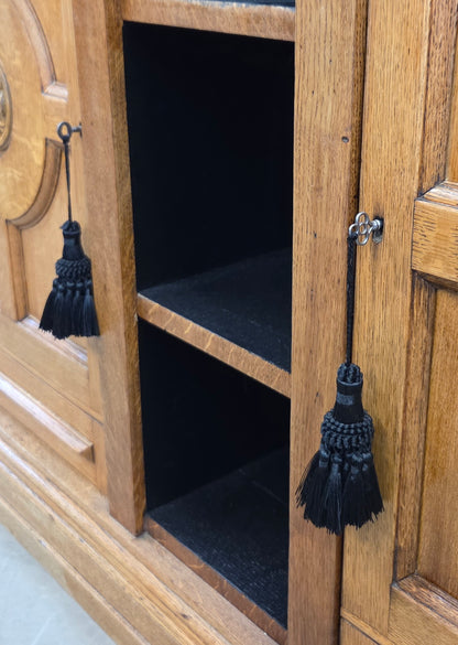 Antique Early 1900s Oak Console Cabinet With Doors, Shelves and a Marble Top