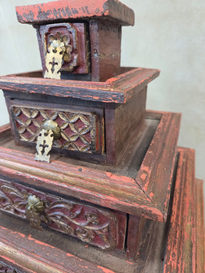 Vintage Sumatra, Indonesia Lacquer Pyramid Shaped Jewelry Box with Five Drawers