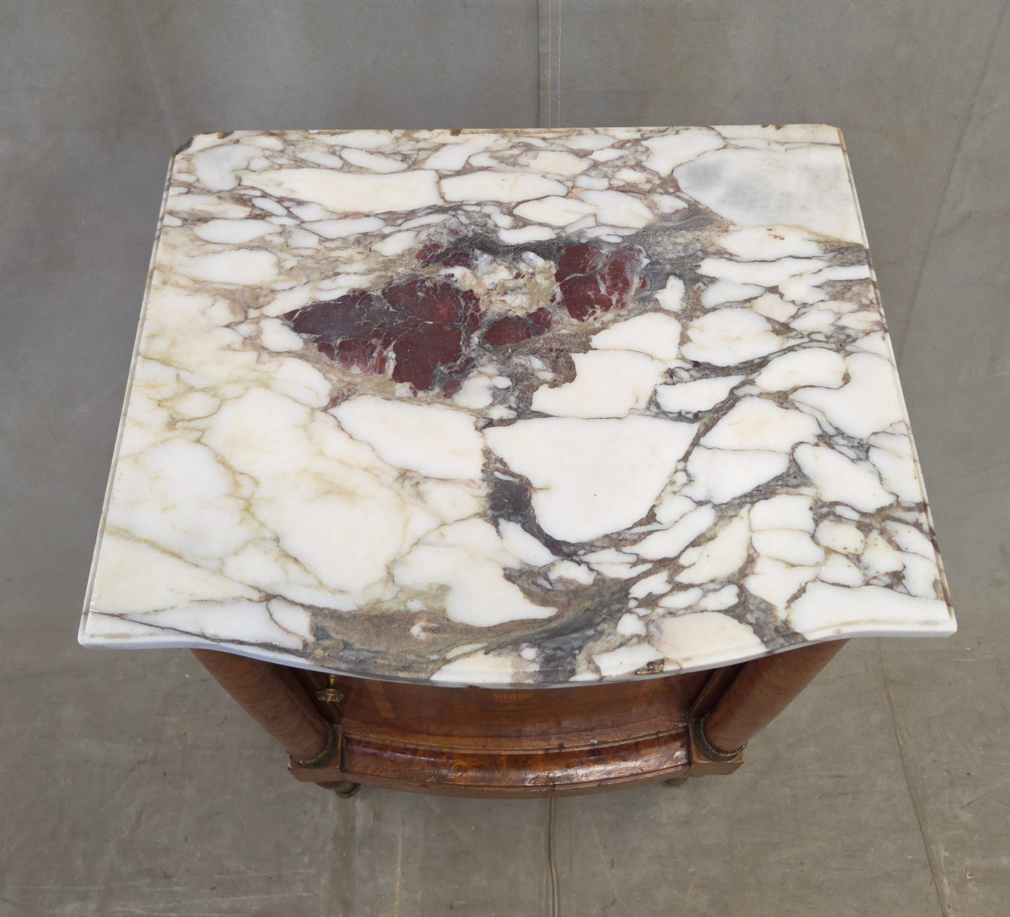 Antique French Art Nouveau Burl Marble Marquetry Nightstand With Bronze Ormolu