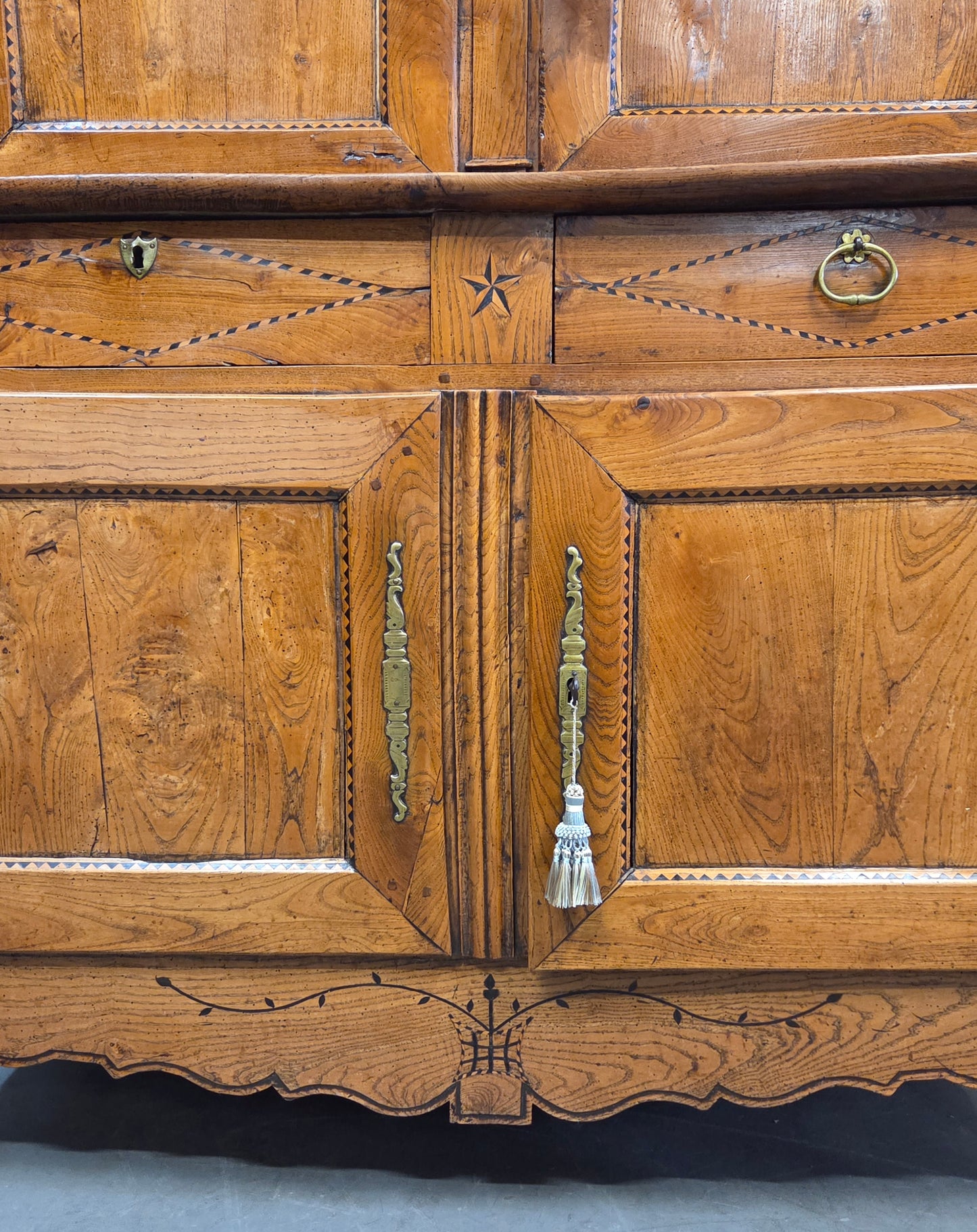 Antique French Elm Deux Corps Buffet Cabinet With Inlay and Fitted Interior