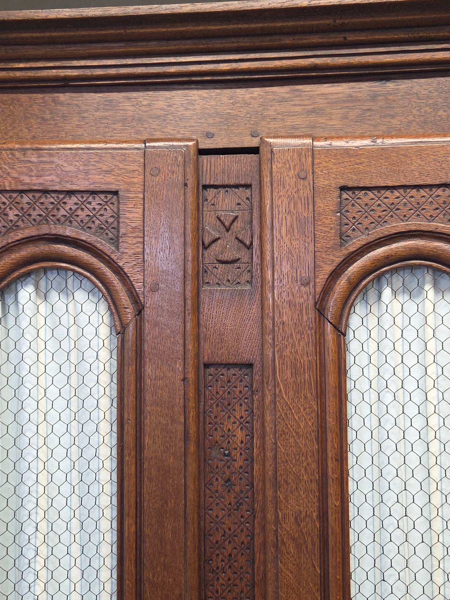 Antique French Provincial Wardrobe with Wire Grills and Interior Blue Curtains