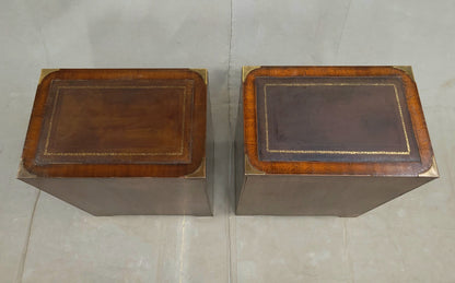Vintage Campaign Style English Nightstands with Leather - a pair