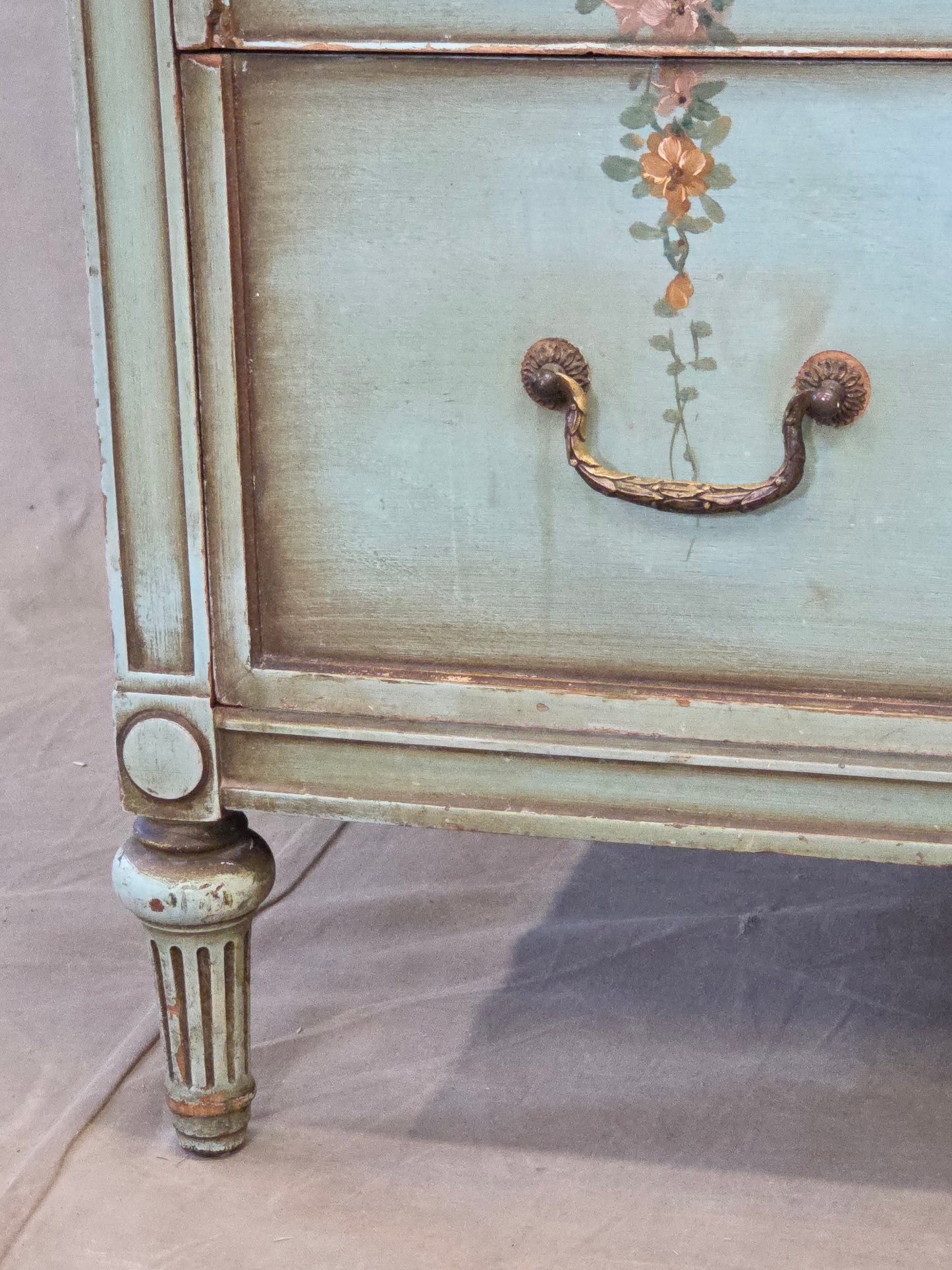 Antique French Floral Painted Mahogany Dresser with Matching Mirror