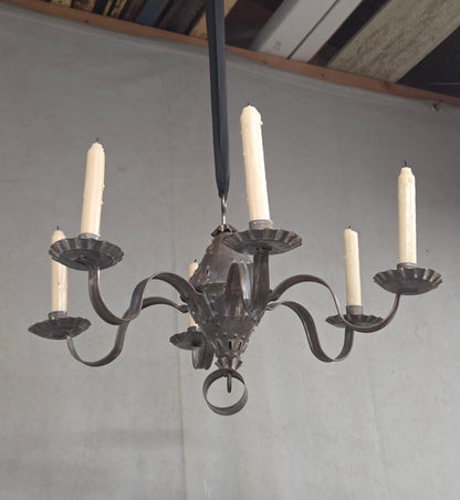 Antique Punched Tin Six-Arm Candle Chandelier, New Mexico, Spanish Colonial style