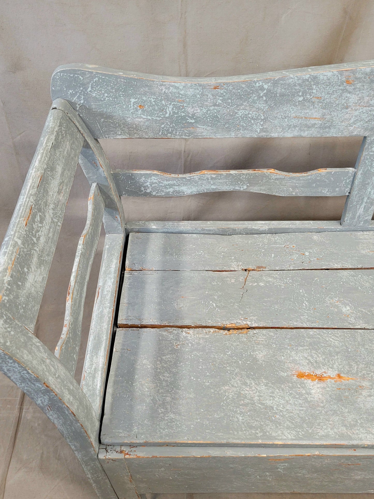 Antique 19th Century Swedish Storage Bench with Blue/Gray Paint and Linen Cushion