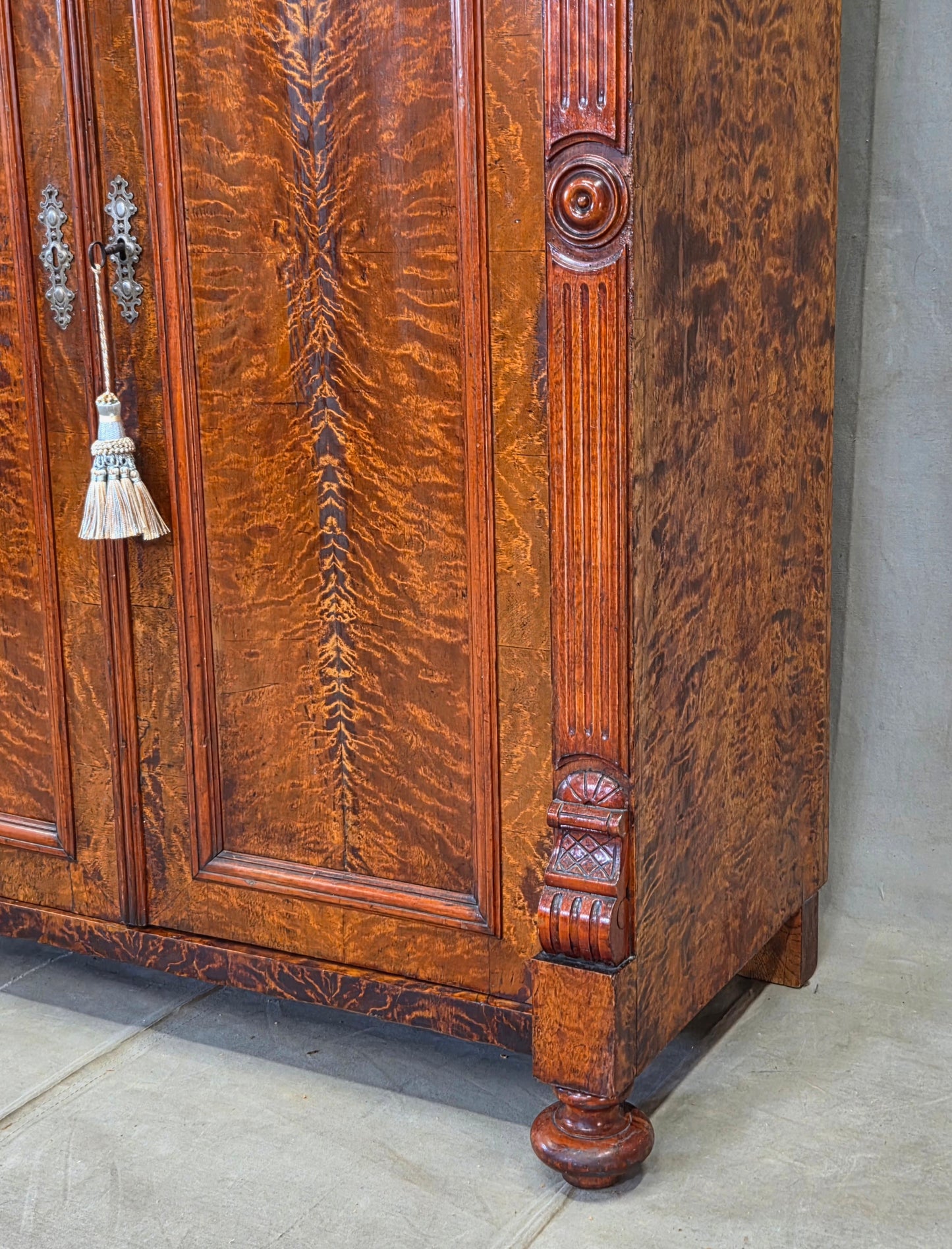 Antique 19th Century German Wilhelmenian Flame Birch Vertical Buffet Sideboard
