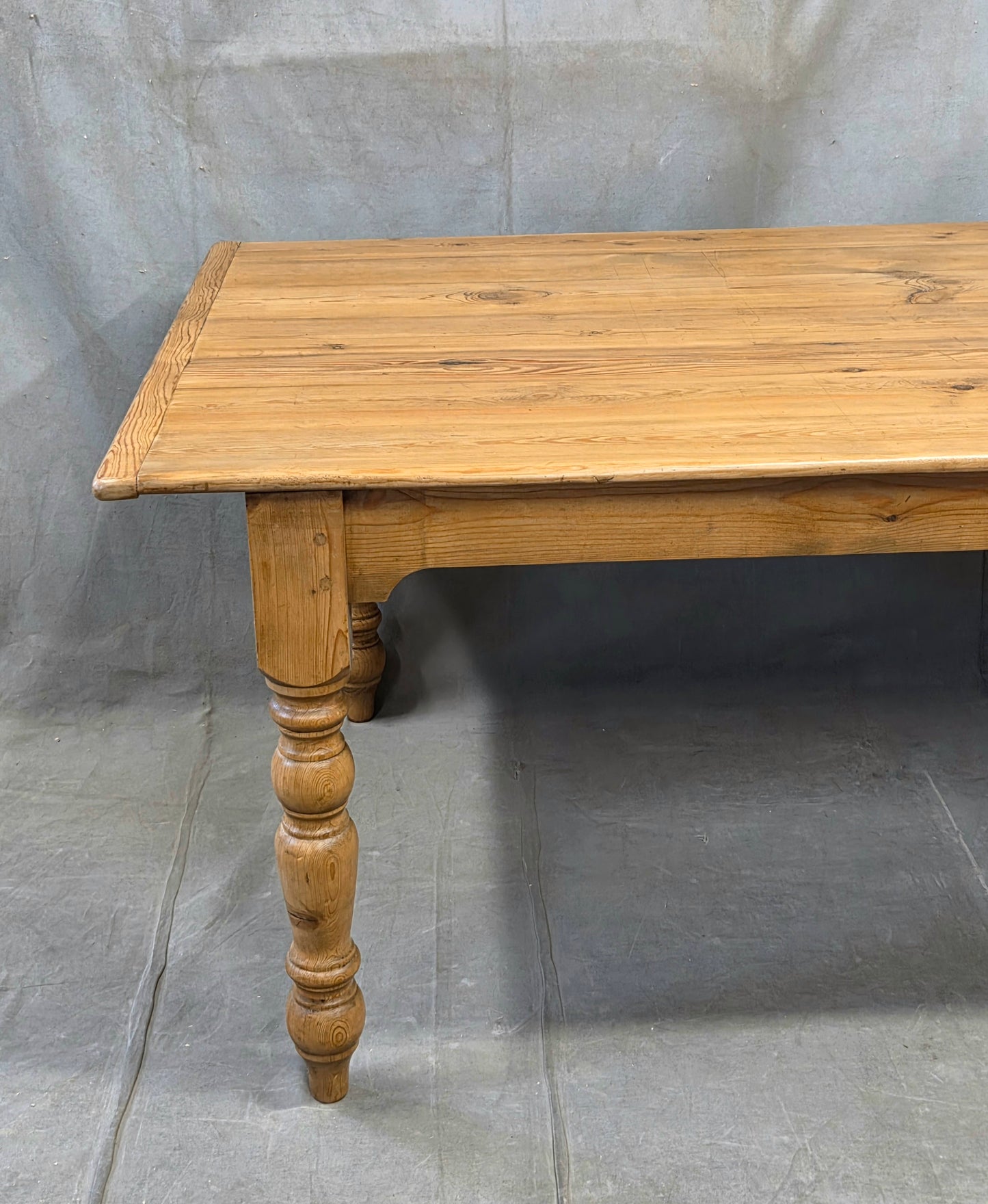 Vintage English Pine Rustic Turned Leg 8' Long Dining Farmhouse Table