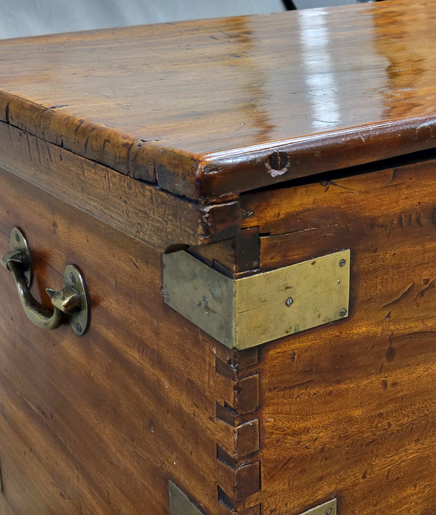 Antique British Colonial Hardwood and Brass Monogrammed Travel Trunk