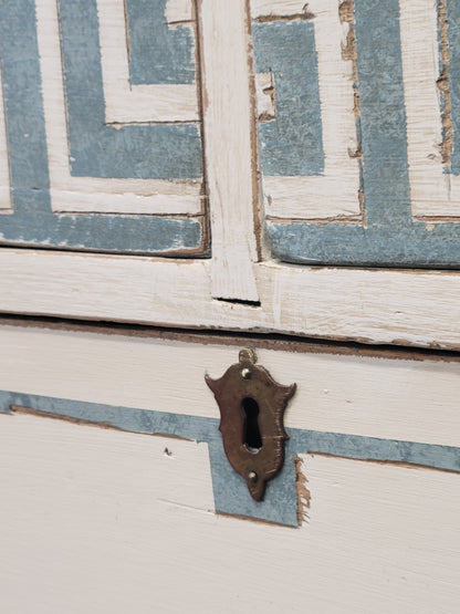Antique English Pine Painted Dresser Chest of Drawers with Greek Key Motif