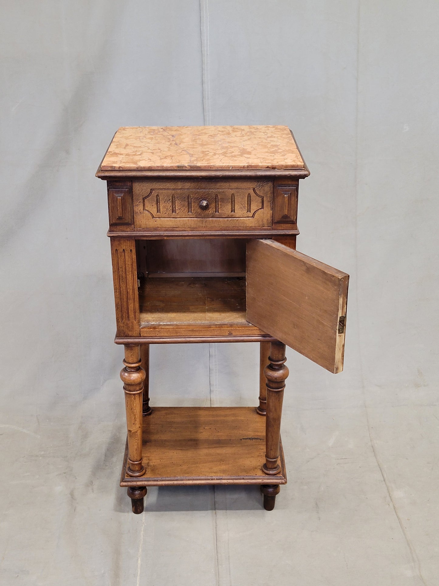 Antique French or Belgian Walnut Nightstands With Italian Marble - A Near Pair