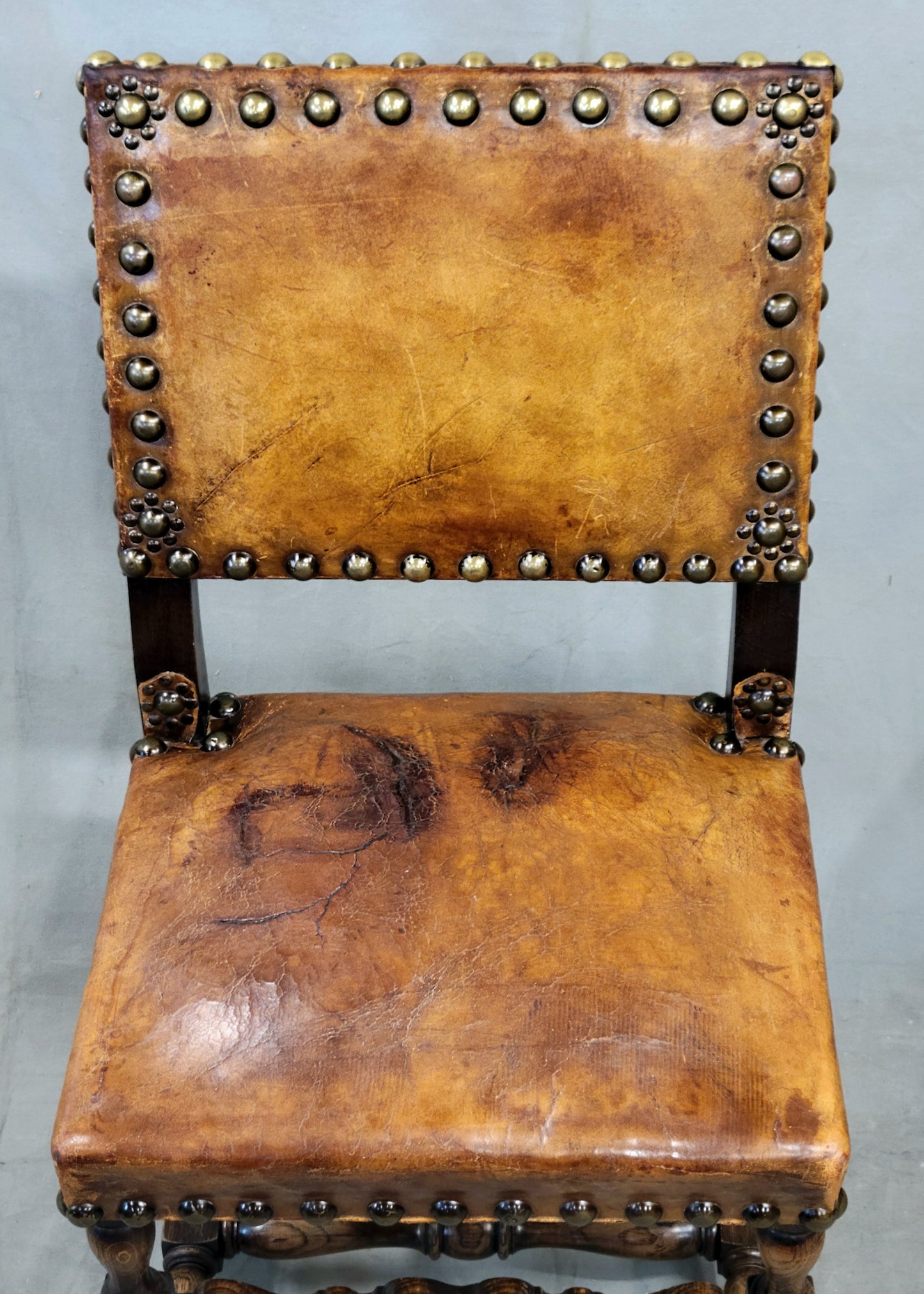 Antique Spanish or Renaissance Revival Oak and Leather Side Chairs - Set of 3