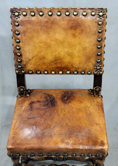 Antique Spanish or Renaissance Revival Oak and Leather Side Chairs - Set of 3