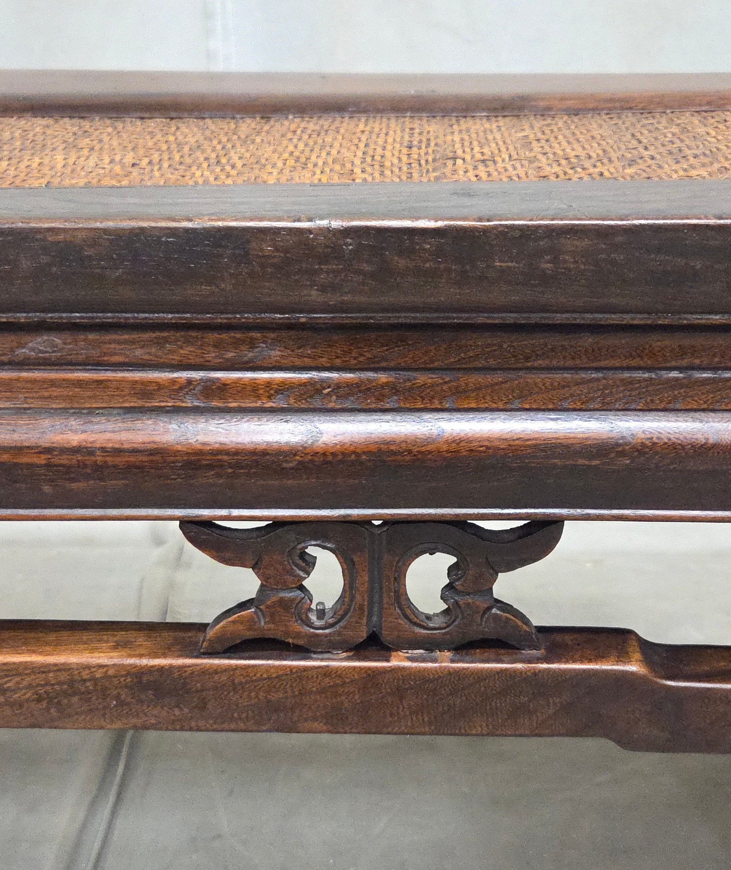 Vintage Chinese Elm Bench with Woven Rattan Seat and Hand Carved Accents