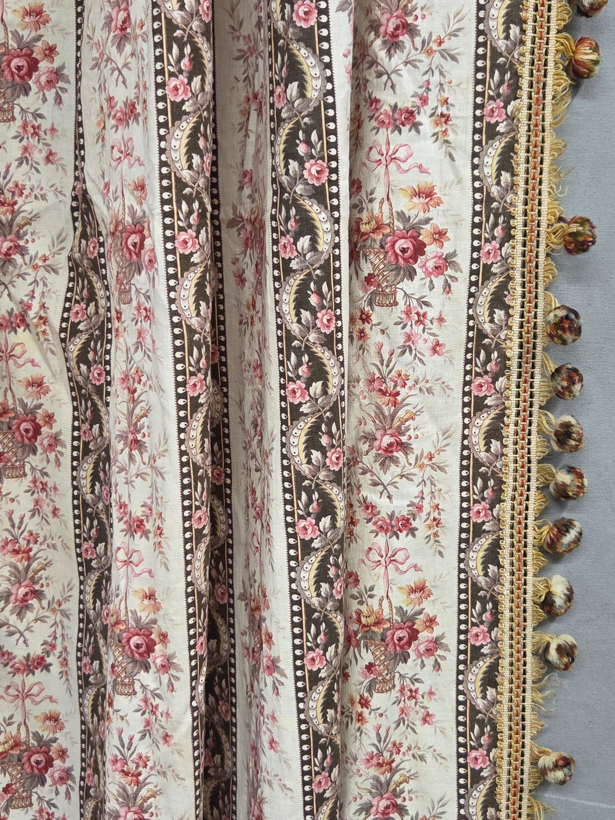 Antique 1920s French Cotton Curtain Panel, Pink and Brown Stripe With Florals