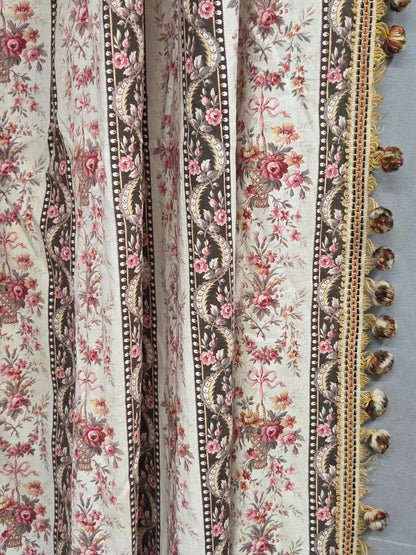 Antique 1920s French Cotton Curtain Panel, Pink and Brown Stripe With Florals