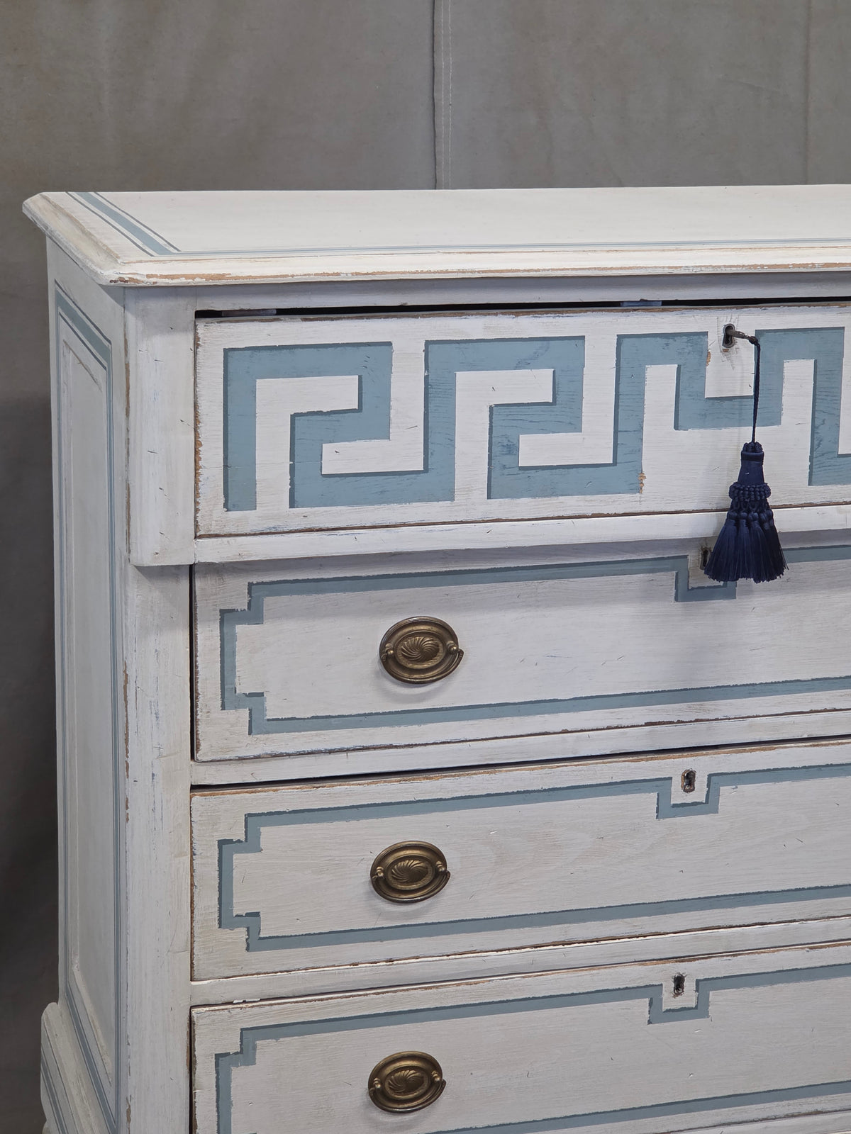 Antique 19th C. Painted Pine Dresser Chest of Drawers With Greek Key Motif