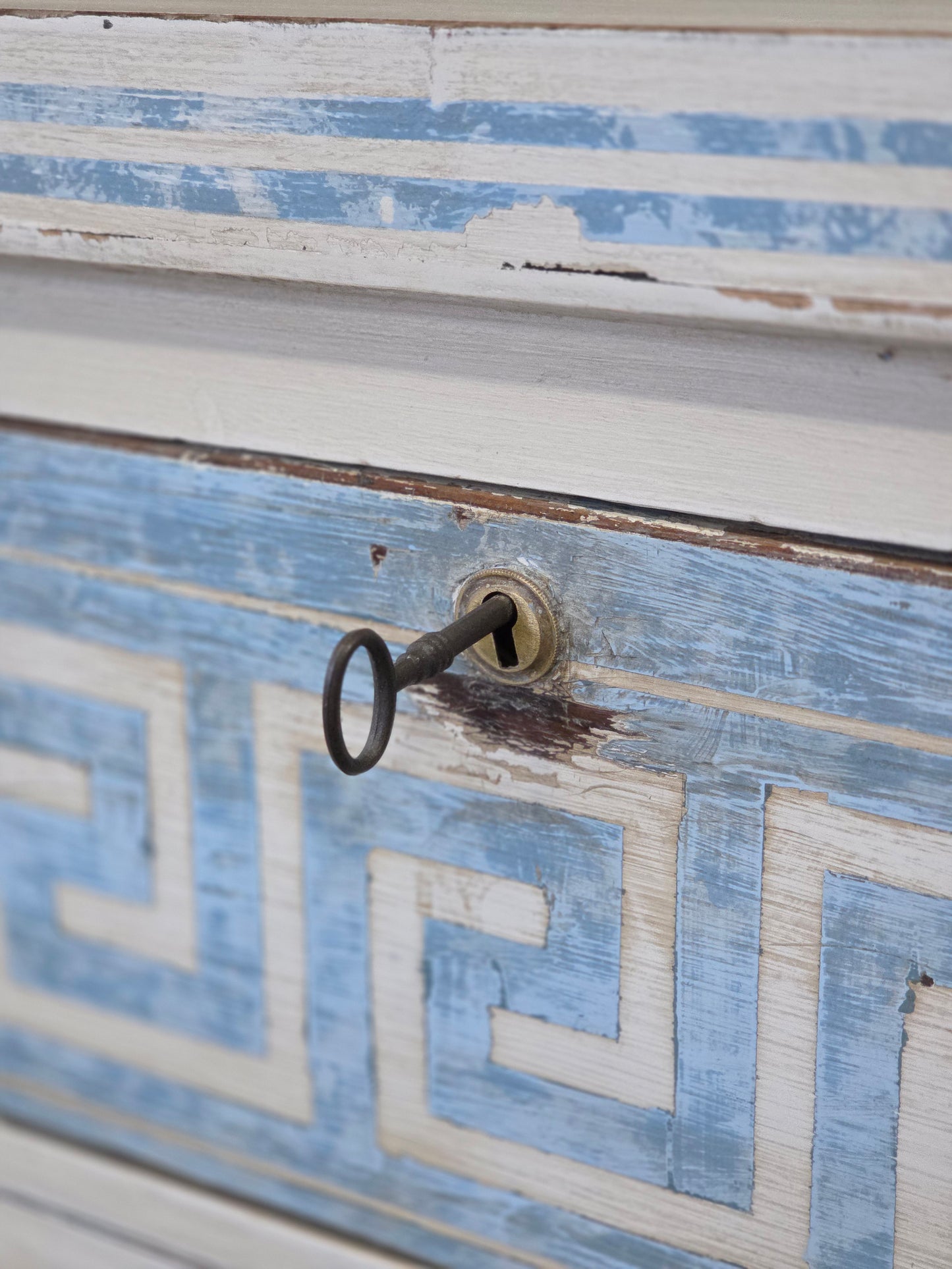 Antique English Pine Painted Dresser Chest of Drawers With Greek Key Motif